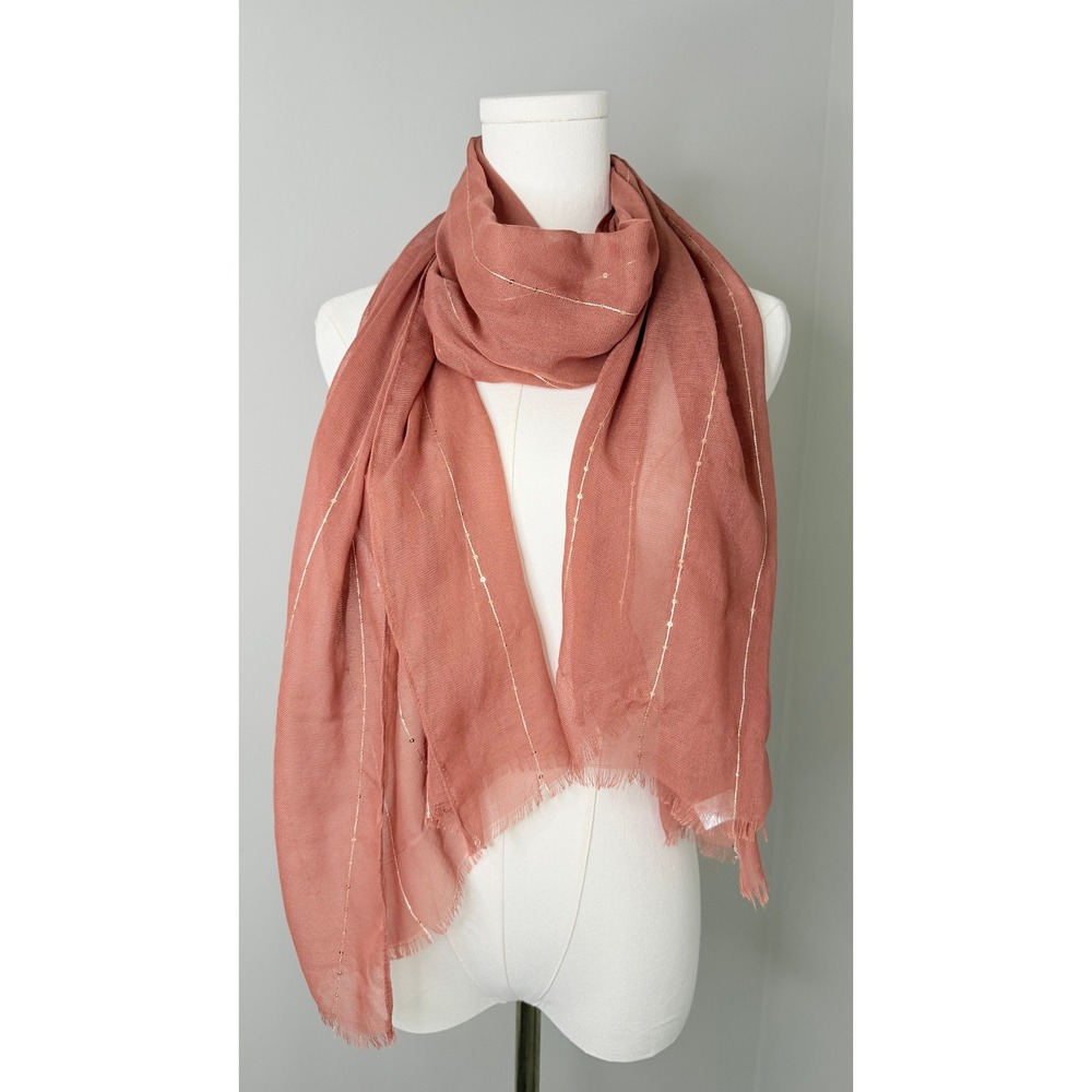 Scarf Coral Rust with Gold Metallic Threading and Sequins Fringe Trim Wrap
